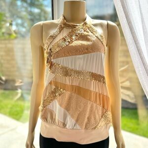Bebe Gold Halter Neck Silk Top Size S Small Blouse Sleeveless Sequin Lace